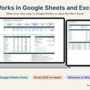 NC ESA+ tracker on a laptop and a tablet, works in Google Sheets and Excel