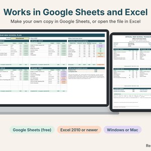 Four-year plan and transcript shown on a laptop and a tablet, works in Google Sheets and Excel