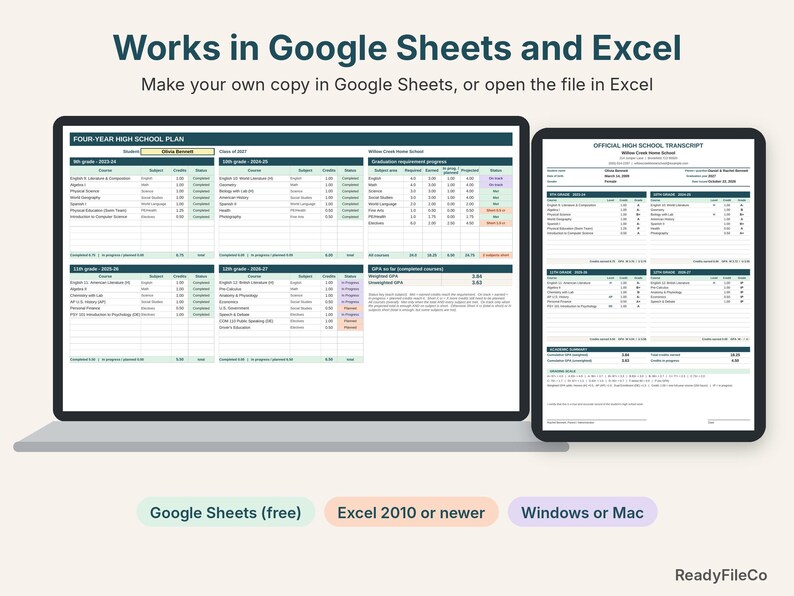 Four-year plan and transcript shown on a laptop and a tablet, works in Google Sheets and Excel