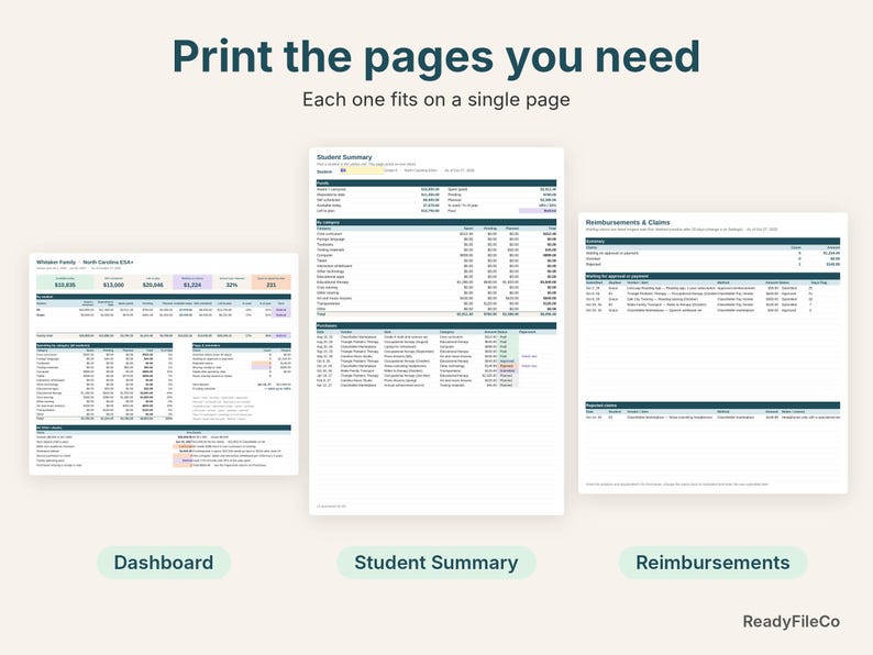 Printable NC ESA+ dashboard, student summary and reimbursements pages