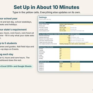 Settings tab with school dates, state requirement for days, hours and core hours, weekdays and students