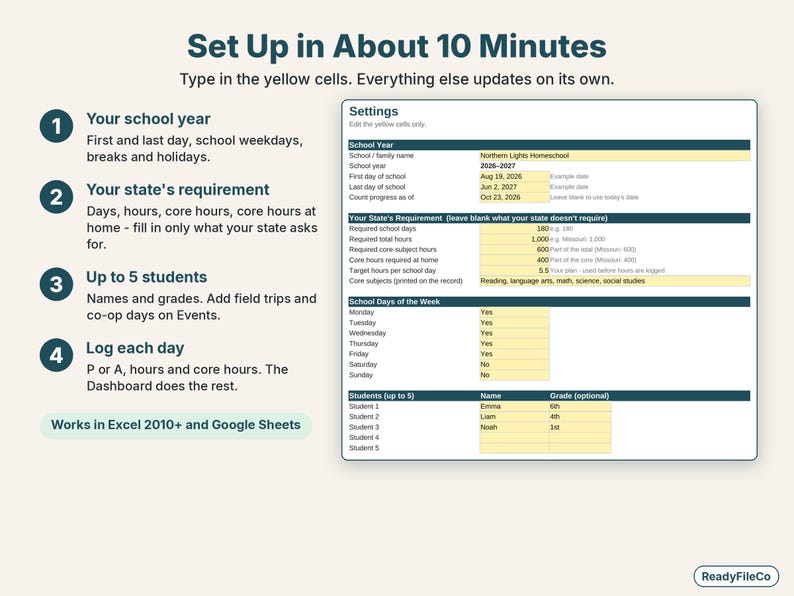 Settings tab with school dates, state requirement for days, hours and core hours, weekdays and students