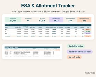 Puede incluir: Una hoja de cálculo digital ESA & Allotment Tracker para Google Sheets y Excel. La interfaz muestra datos financieros de estudiantes, incluyendo becas anuales, gastos y reclamaciones pendientes en una tabla.