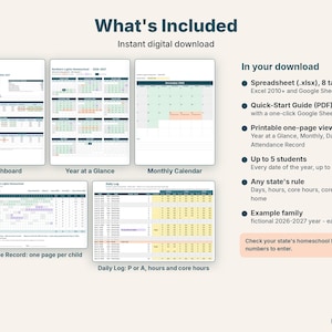 What's included: dashboard, year at a glance, monthly calendar, attendance record and daily log