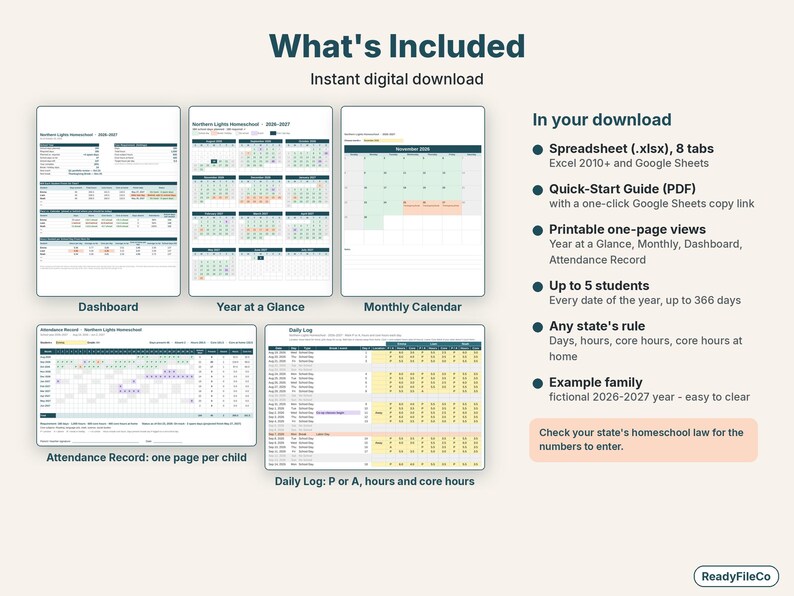What's included: dashboard, year at a glance, monthly calendar, attendance record and daily log