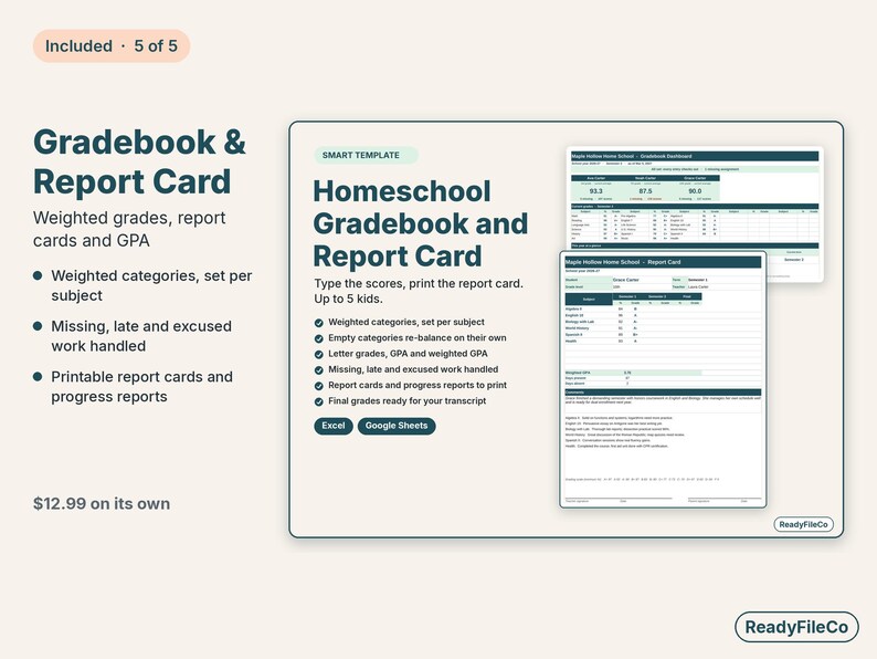 Homeschool gradebook with weighted grades, a dashboard and a printable report card