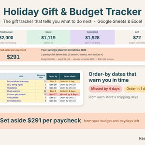 May include: A digital Holiday Gift & Budget Tracker spreadsheet for Google Sheets and Excel. It displays financial summaries, savings plans for Christmas 2026, and a gift tracking table with columns for person, gift, shipping days, and order dates.