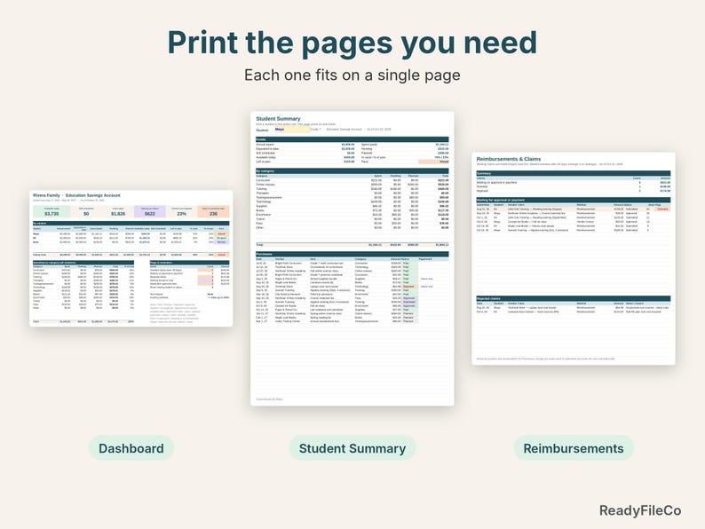 Printable ESA dashboard, student summary and reimbursements pages