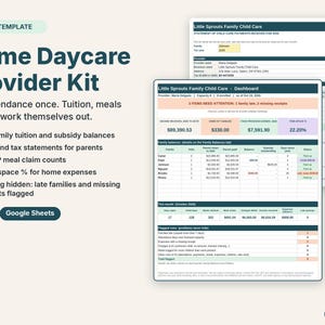 Home daycare provider spreadsheet with a dashboard of family tuition balances and a year-end tax statement