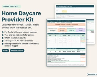 Puede incluir: Un kit de plantilla para proveedores de guardería en el hogar para Excel y Google Sheets. El documento incluye un panel y una declaración de impuestos para Little Sprouts Family Child Care, mostrando datos financieros y balances.