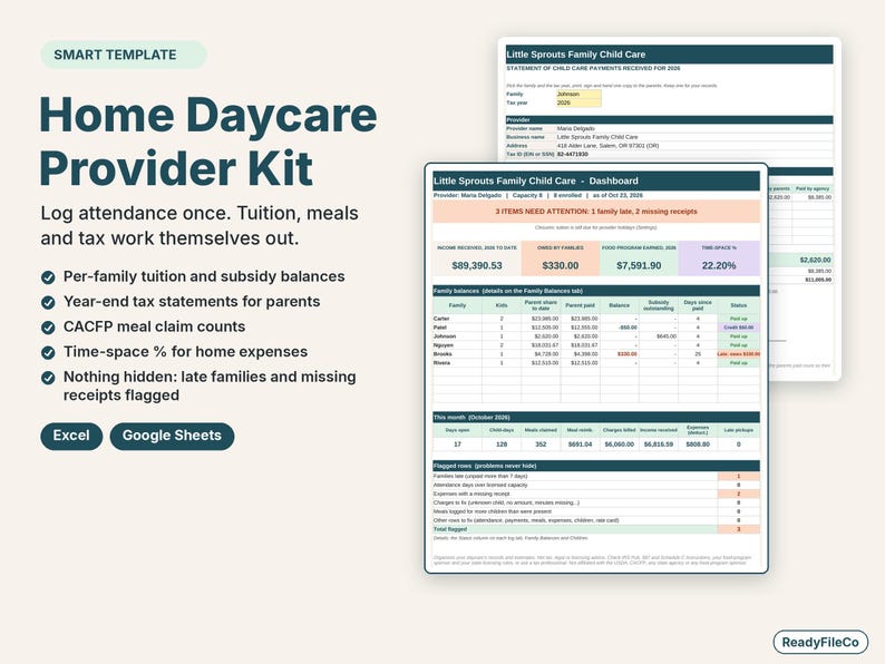 Home daycare provider spreadsheet with a dashboard of family tuition balances and a year-end tax statement