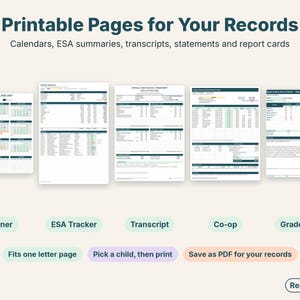Printable pages from each template: year calendar, ESA summary, transcript, co-op statement and report card