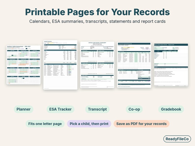 Printable pages from each template: year calendar, ESA summary, transcript, co-op statement and report card