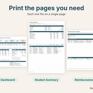 Printable Texas TEFA dashboard, student summary and reimbursements pages