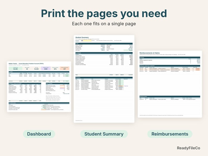 Printable Texas TEFA dashboard, student summary and reimbursements pages