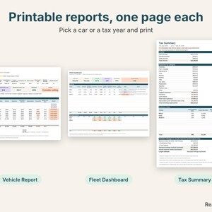 Printable Vehicle Report, Fleet Dashboard and Tax Summary pages, each on one page