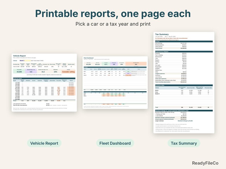 Printable Vehicle Report, Fleet Dashboard and Tax Summary pages, each on one page