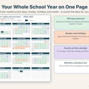 Printable one-page school year calendar with 184 school days, breaks and events color-coded