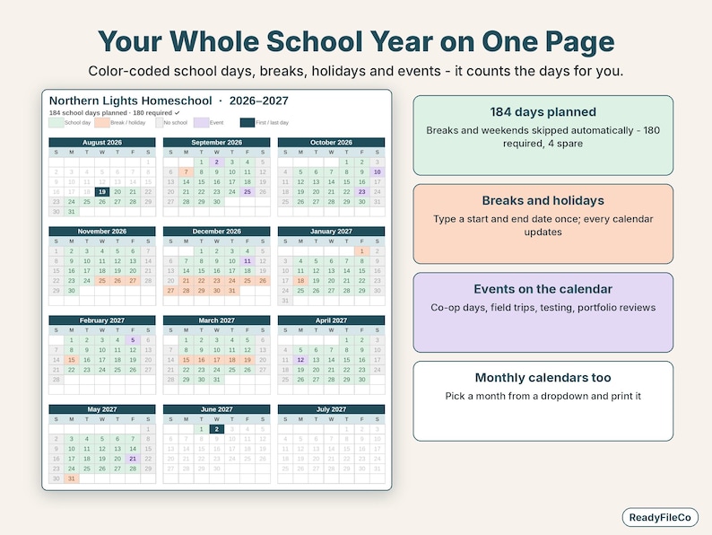 Printable one-page school year calendar with 184 school days, breaks and events color-coded
