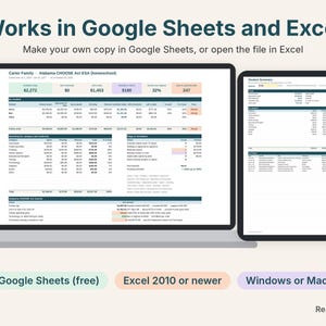 Alabama CHOOSE Act tracker on a laptop and a tablet, works in Google Sheets and Excel
