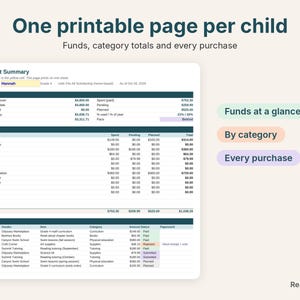 Printable one-page student summary with Utah Fits All funds, categories and purchases