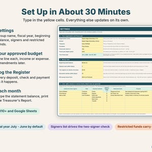 Easy setup in four steps on the Settings tab: fiscal year, beginning balance, signers and restricted funds