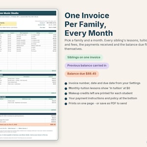 Printable monthly lesson invoice for a family with three siblings, tuition, payments and the balance due