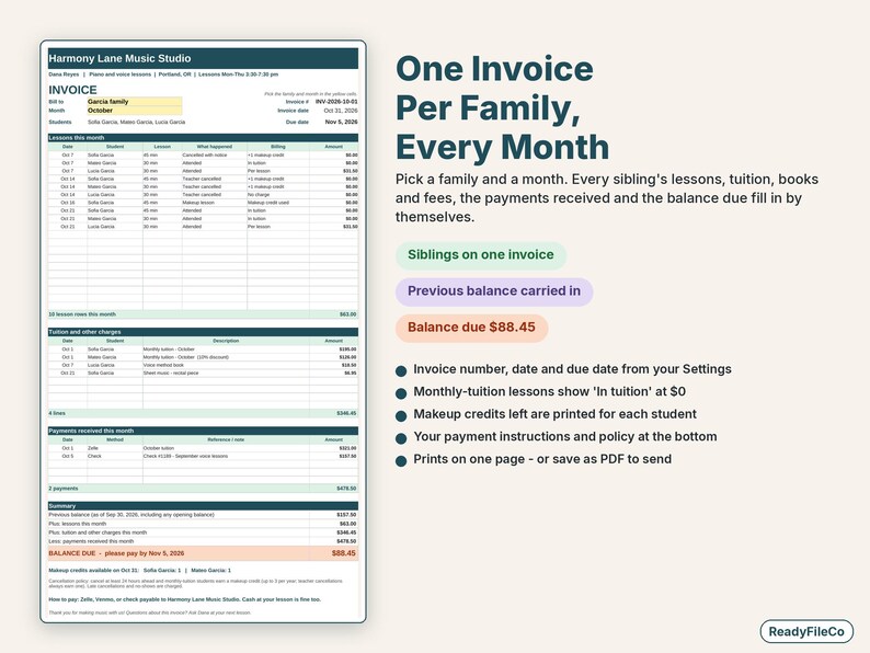 Printable monthly lesson invoice for a family with three siblings, tuition, payments and the balance due
