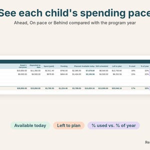 NC ESA+ dashboard close-up showing each child's available funds and spending pace