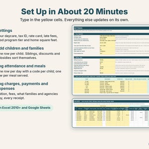 Easy setup in four steps: settings, add children and families, log attendance and meals, log charges and payments