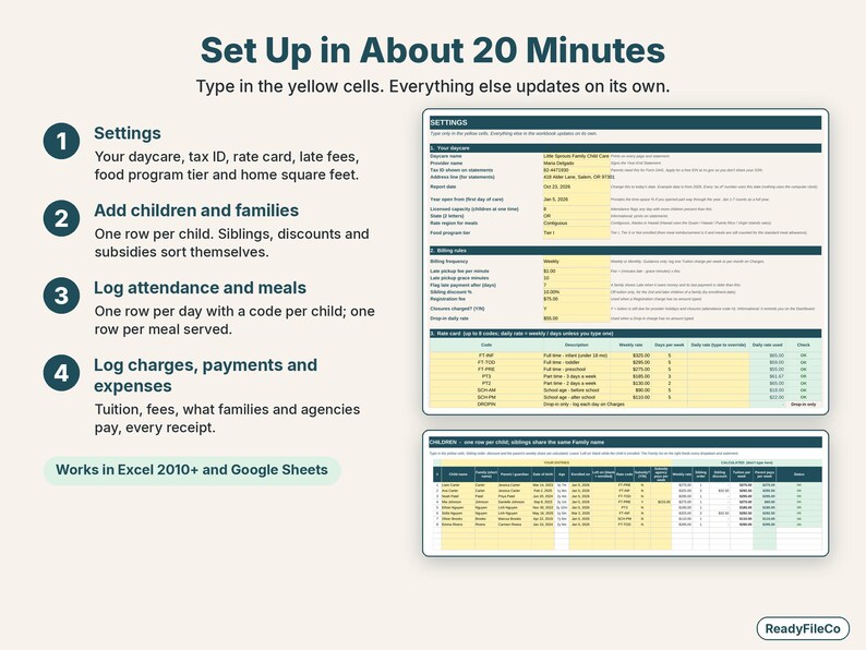 Easy setup in four steps: settings, add children and families, log attendance and meals, log charges and payments