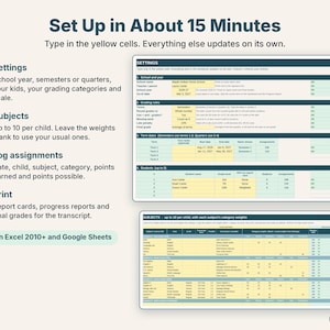Easy setup in four steps: settings, subjects with category weights, log assignments, print