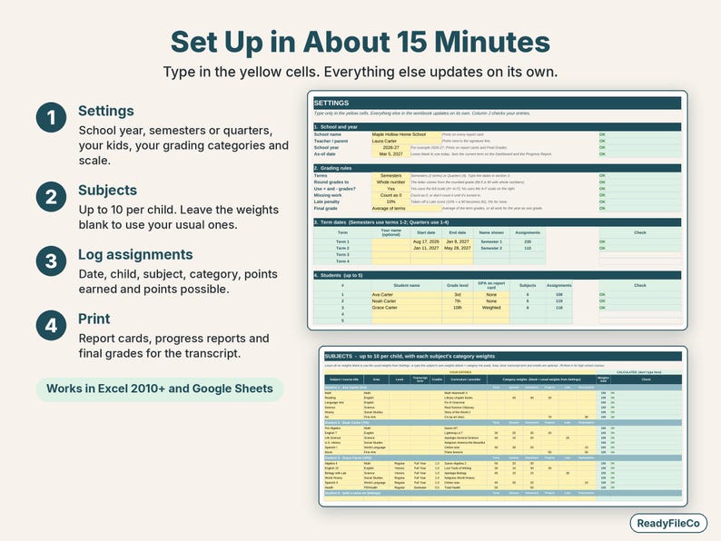 Easy setup in four steps: settings, subjects with category weights, log assignments, print