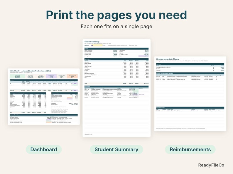Printable Arkansas EFA dashboard, student summary and reimbursements pages