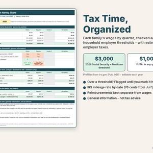 Year-end summary of each family's nanny wages by quarter with household employer thresholds and tax estimates