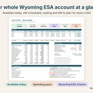 Wyoming ESA dashboard with available today, still scheduled, left to plan and pace for each child