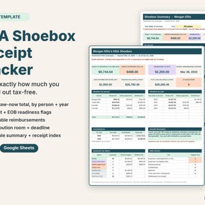 HSA shoebox receipt tracker spreadsheet with a dashboard showing the total ready to withdraw tax-free
