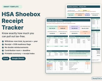 Puede incluir: Una plantilla digital de seguimiento de recibos HSA Shoebox para Excel y Google Sheets. El documento muestra datos financieros, incluidos totales de retiro, margen de contribución y estado de reembolso, con tablas claras para el seguimiento de gastos.
