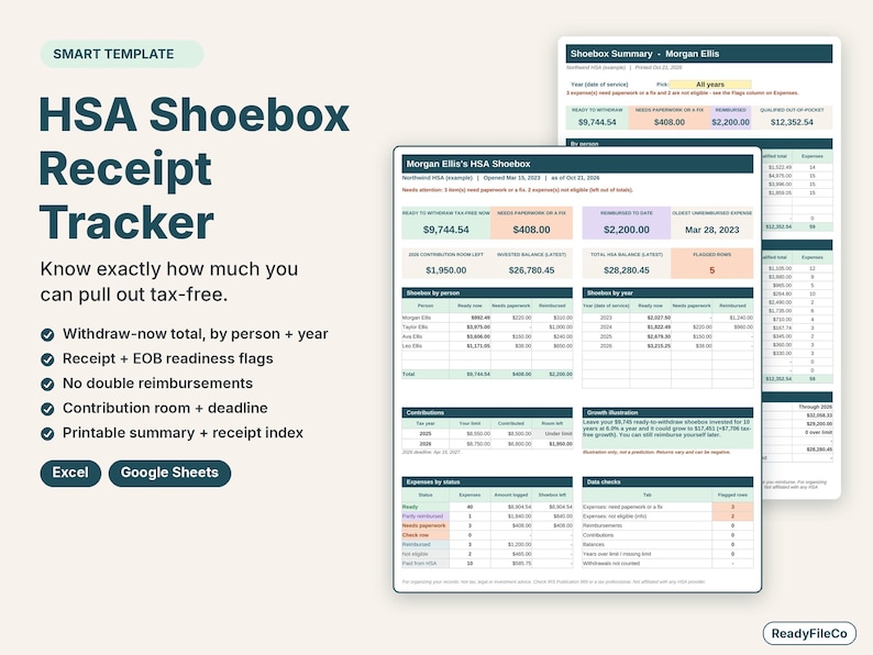 HSA shoebox receipt tracker spreadsheet with a dashboard showing the total ready to withdraw tax-free