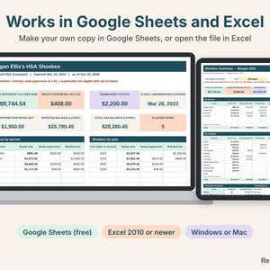HSA shoebox tracker on a laptop and a tablet, works in Google Sheets and Excel