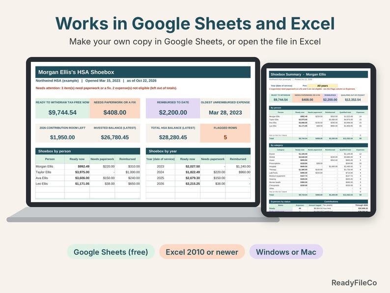 HSA shoebox tracker on a laptop and a tablet, works in Google Sheets and Excel