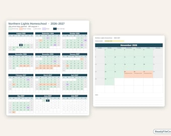 Planificador de educación en casa 2026-2027: hoja de cálculo, registro de asistencia y horas, Google Sheets y Excel