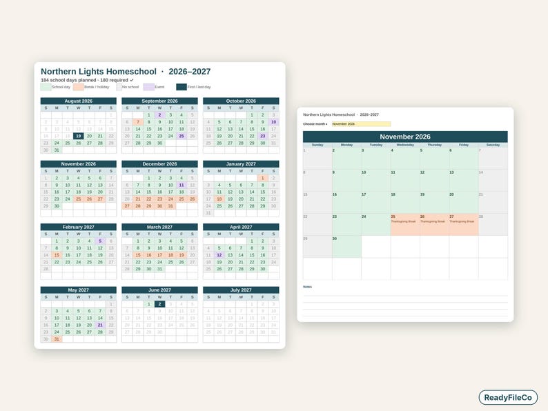 Homeschool planner year-at-a-glance calendar and monthly calendar for the 2026-2027 school year