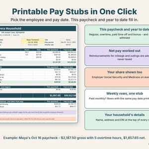 Printable nanny pay stub showing regular and overtime pay, taxes withheld, net pay and year-to-date columns