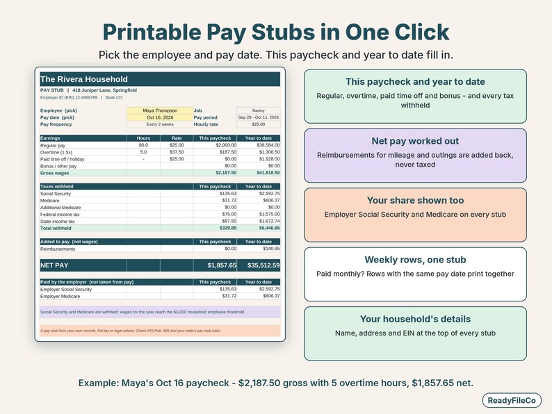 Printable nanny pay stub showing regular and overtime pay, taxes withheld, net pay and year-to-date columns
