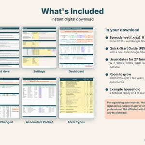 What's included: Start Here, Settings, Dashboard, What Changed, Accountant Packet and Form Types tabs