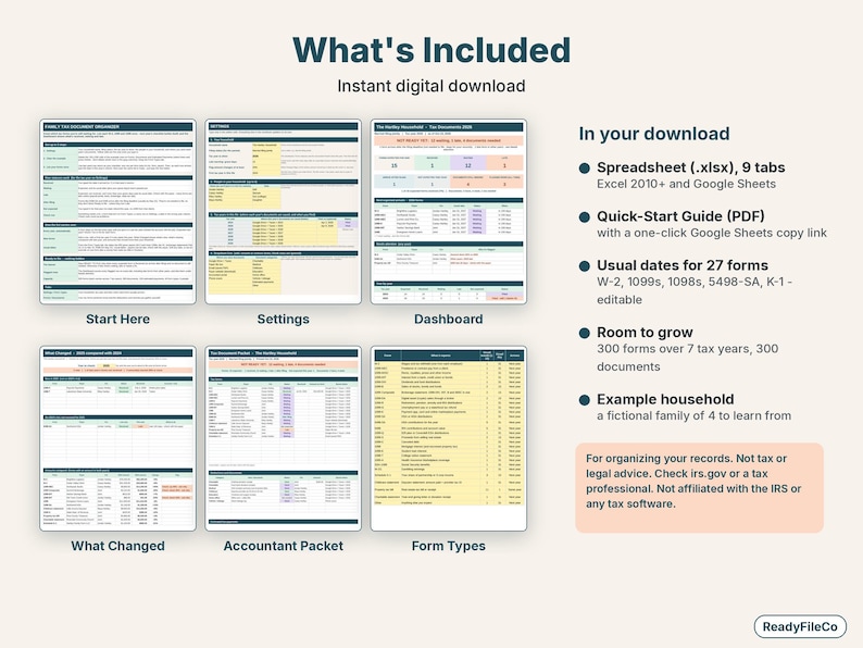 What's included: Start Here, Settings, Dashboard, What Changed, Accountant Packet and Form Types tabs