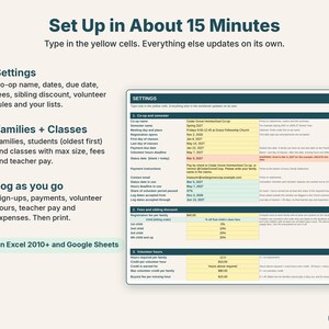 Easy setup in three steps: Settings, families and classes, then log sign-ups and payments