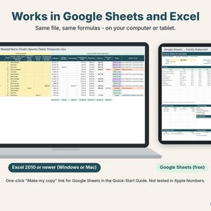 Team treasurer spreadsheet shown on a laptop in Excel and on a tablet in Google Sheets