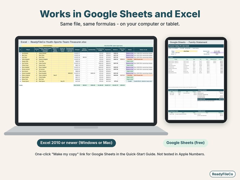 Team treasurer spreadsheet shown on a laptop in Excel and on a tablet in Google Sheets